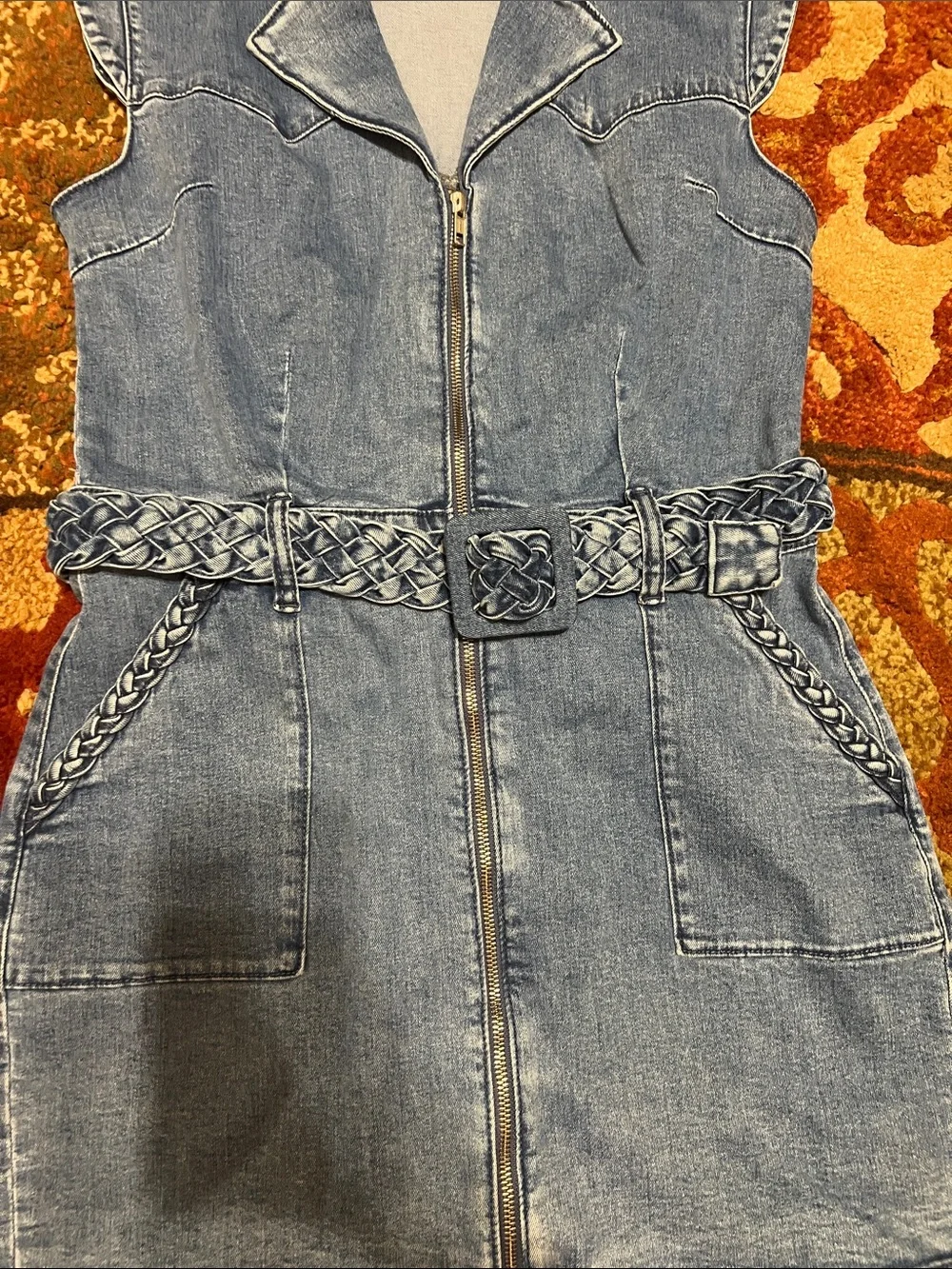 Denim Zip-Front Girls Dress with Braided Belt - Light Blue